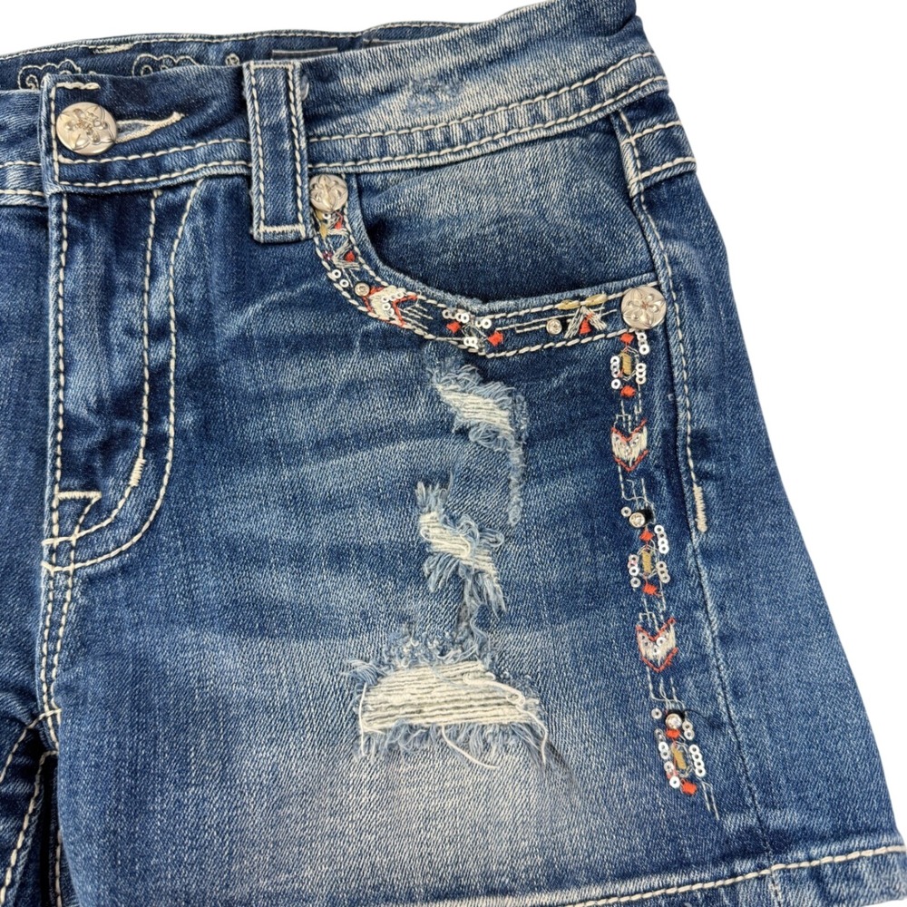 Miss Me Jean Shorts Womens 27 Blue Excellent Distressed Sequin Curvy Mid Rise - Picture 9 of 9